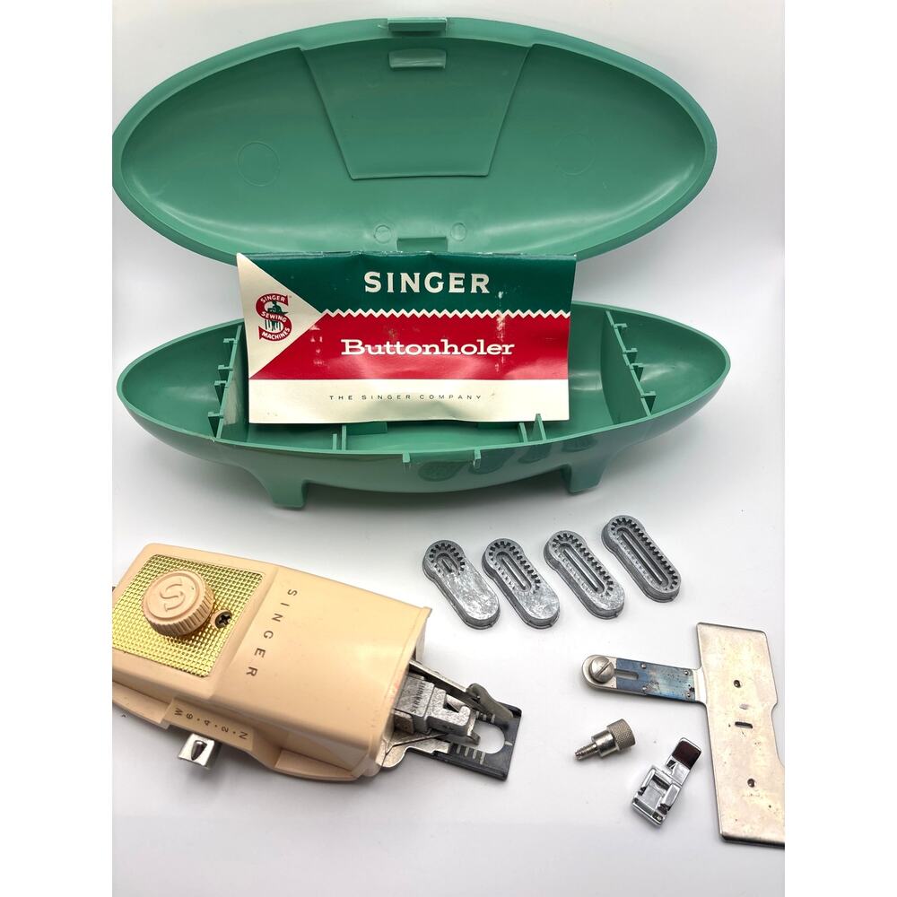 Vintage Singer Buttonholer 1960's Teal Green Clamshell Case w/Templates Sewing